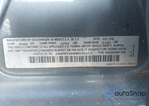 2009 Volkswagen Jetta Se из США, поврежденный, VIN 3VWRM71K89M146853